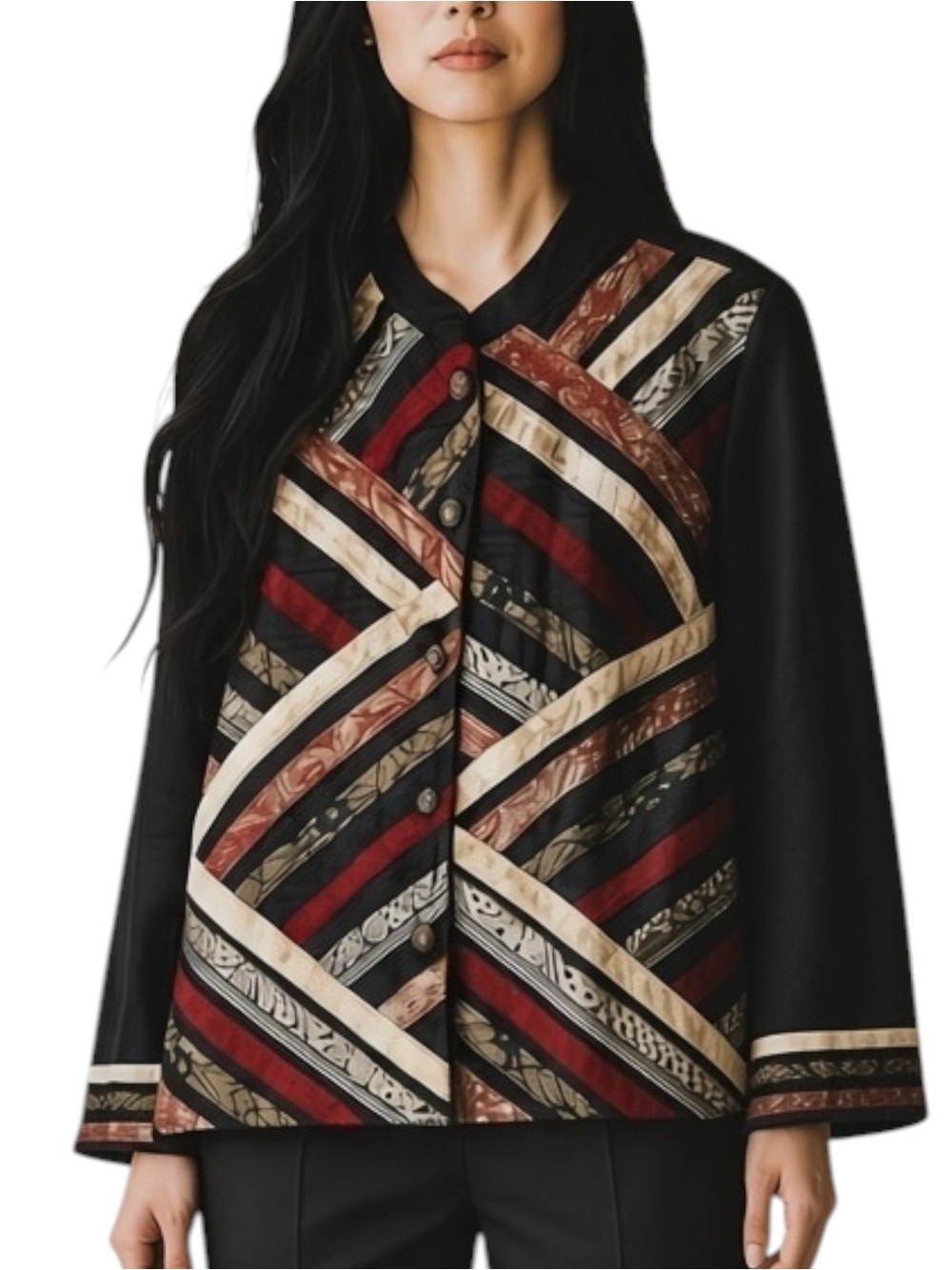 Choices Black Jacket w/ Mandarin Collar & Burgundy, Gold, and Tan Trim - Large